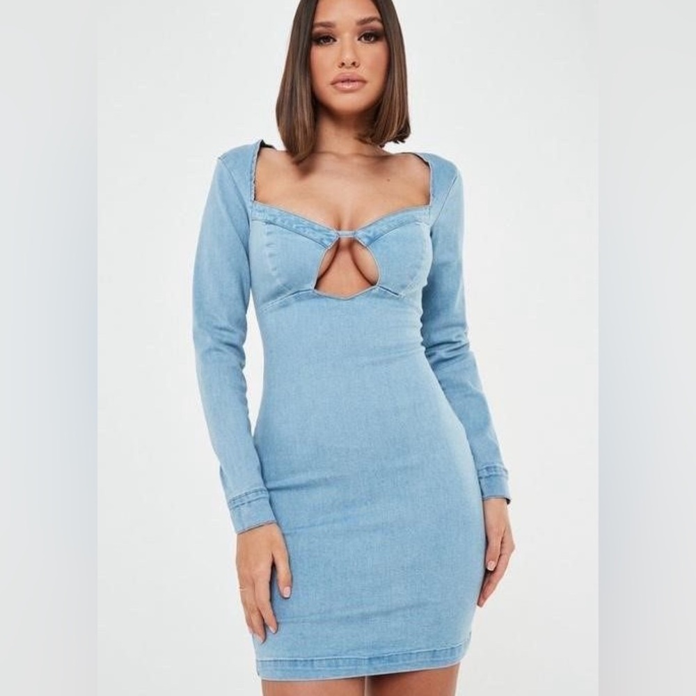 Missguided Petite Blue Denim Long Sleeve Cut Out Mini Dress Size US 4 NWT